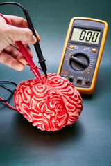 Representation of neuroscience, with a red brain and hands with a voltmeter measuring brain impulses.