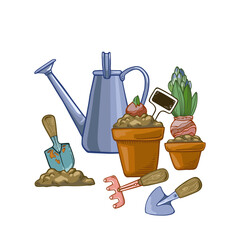 Composition of plants in pots, watering cans and garden tools isolated on a white background.