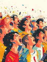 The image depicts a vibrant illustration of several people with their mouths wide open in song, expressing a joyous or powerful moment of collective singing. Each person is uniquely styled, with detai