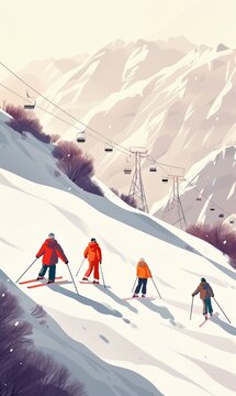 The image showcases a group of skiers, each clad in colorful winter gear, gliding down a steep, snow-covered mountain slope. In the background, a ski lift with several cabins ascends diagonally up the