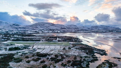Aerial view of a snow covered Ardara in County Donegal - Ireland