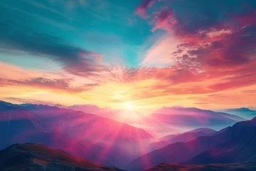 Rolgordijnen Panoramic view of colorful sunrise in mountains. Concept of the awakening wildlife, romance,emotional experience in your soul, joy in mundane life. © Ammar