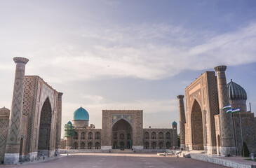 Registan Square, Ulugbek Madrasah, Sherdor Mosque Madrasah and Tillya-Kari Madrasah in the ancient...