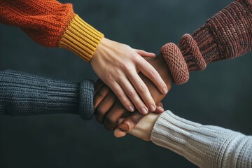 People of all colors holding hands, inclusive business mindset values dignity and respect for all individuals - obrazy, fototapety, plakaty