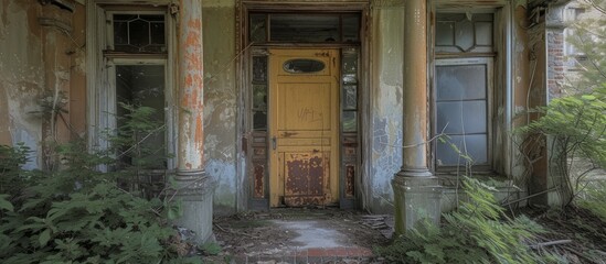 Decrepit doorway engulfed by lush overgrown vegetation in abandoned building