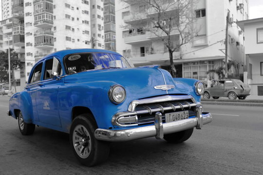 Old blue painted almendron car -yank tank, Chevrolet American classic- from 1952 on Linea street, El Vedado neighbourhood. Havana-Cuba-012