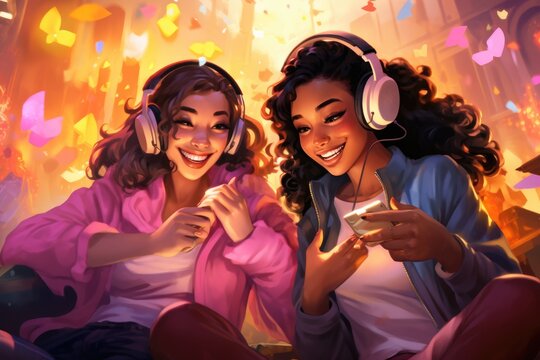 Two Women Sitting With Headphones