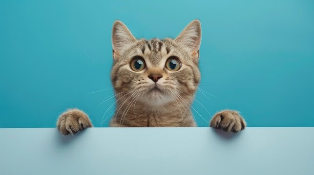 A hilarious cat displaying a poster on a blank web banner template, offering ample copy space for creativity.