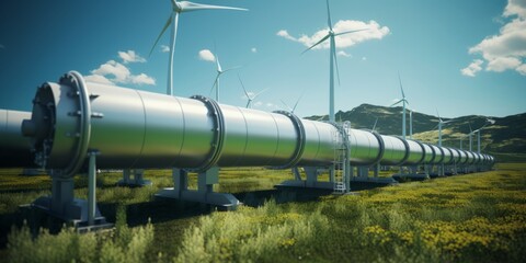 water pipeline in a green field against the background of windmills Generative AI