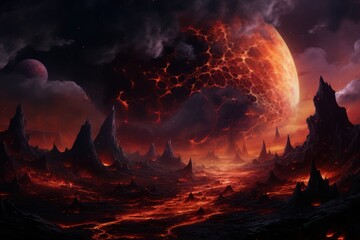 Surreal space scene featuring a planet with volcanoes