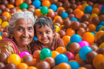 Fototapeta na wymiar The image captures a heartwarming moment between an elderly woman with grey hair and a beaming smile and a young child with a mischievous grin, both surrounded by a kaleidoscope of brightly colored pl