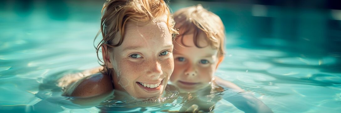 This image captures two young children, a boy and a girl, with sun-kissed skin and wet hair, smiling warmly at the camera as they enjoy a swim in the clear, sparkling blue waters of a sunlit pool, wit