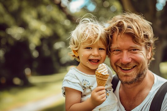 In the image, a happy father with tousled hair and a light beard is seen holding his young child, who is grasping a half-eaten ice cream cone. Both are smiling brightly, bathed in the soft glow of sun