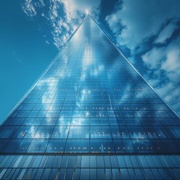 High-Tech Glass and Steel Skyscraper: A striking image of a cutting-edge skyscraper made of glass and steel, symbolizing modernity and technological advancement. 