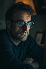 Fototapeta premium a man looking at his computer and the screen reflected in his glasses