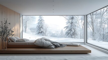 Minimalist modern bedroom design with a floating bed frame and floor, to, ceiling windows offering sweeping views of a snowy landscape, Scandinavian style - obrazy, fototapety, plakaty