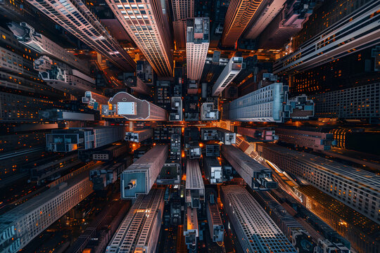 Skyscrapers top view with evening yellow light, modern concept