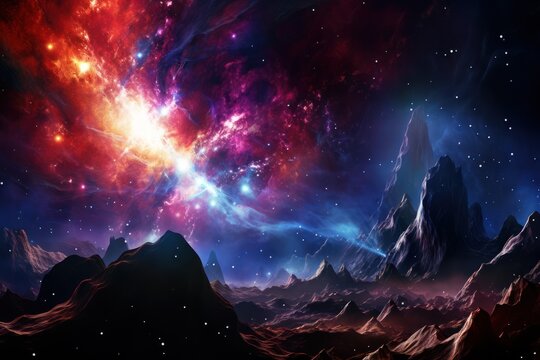 Surreal space scene featuring a planet with volcanoes