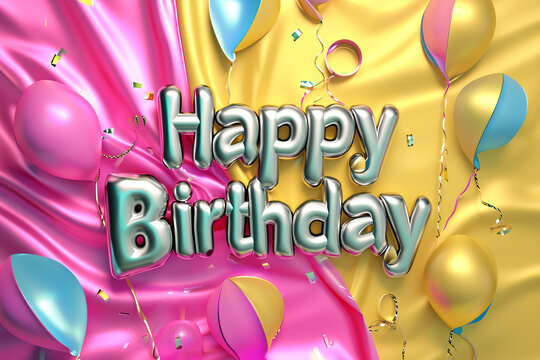 Silver Happy Birthday 3D Render with Heart on Abstract Yellow and Pink Background