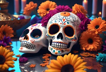 Feast of Dia de los Muertos, attributes and traditions. AI generated