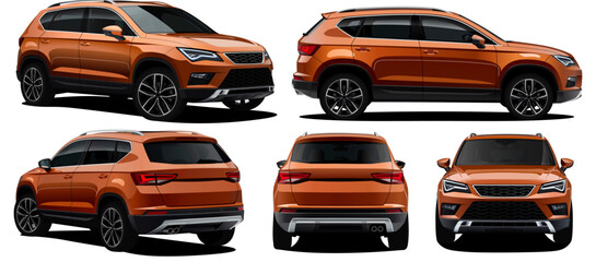 Realistic vector isolated orange car SUV in front back and side view.