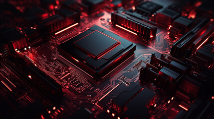 Obraz premium An abstract hardware electronic circuit board and tech background, with dark red lights