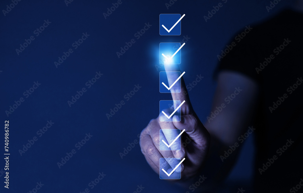 Fototapete Business productivity checklist and filling survey form online.Fast checklist and clipboard task management.