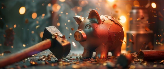 A broken empty piggy bank with a hammer. The concept of business, finance, investment, savings and corruption.