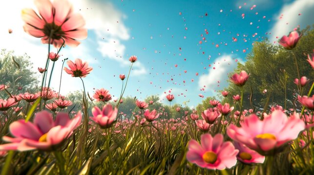 This image captures a low-angle view of a lush meadow filled with pink daisy-like flowers in full bloom. A multitude of petals seem to be floating gently in the air, scattered throughout the scene. Th