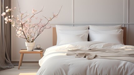 Elegant bed with soft white blanket, linens, and pillows, creating a top-view scene of a peaceful and inviting bedroom.