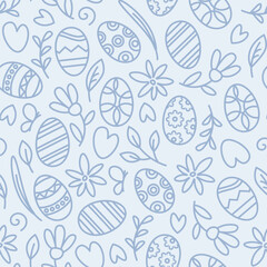 Easter holiday seamless pattern of linear eggs, flowers and branches
