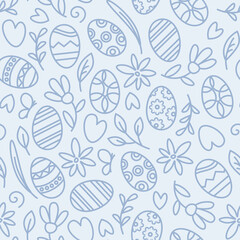 Easter holiday seamless pattern of linear eggs, flowers and branches