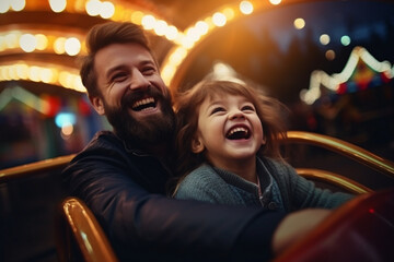 A Beautiful Little Daughter is Happy to Spend a Wonderful Day with her Happy Father. They are Driving an Electric Car in the Amusement Park  - Powered by Adobe