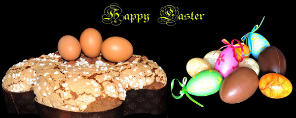 Easter card with Colomba cake with Easter eggs over black.