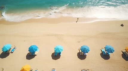 Fototapeta na wymiar Aerial Panorama: Drone View of Beachline with Surf Umbrellas