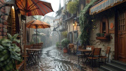 Obraz premium A European cobblestone street lined with tables and umbrellas on a rainy day, A cozy, rain-soaked street cafe in an old European town, AI Generated