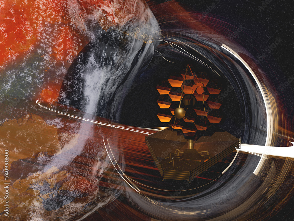Poster james webb telescope in outer space near red planet and black hole with light sparks. elements of th