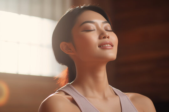 Close up photo of happy Asian woman in sportswear doing breathing exercise in the yoga studio