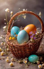 Fototapeta na wymiar photo of eggs painted with paint in a basket of flowers for Easter