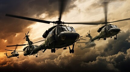 Military gunship helicopters flying with a dramatic sky in the background, showcasing the strength and readiness of armed forces.