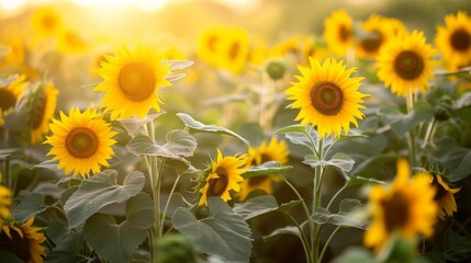 Obraz premium A field of sunflowers with the sun shining in the background on a sunny day, A sunflower field swaying gently in the summer breeze, AI Generated
