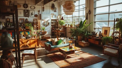 Fototapeta na wymiar Rustic Charm of a Vintage Shop Interior Bathed in Golden Sunlight