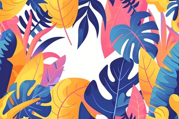 Seamless Vector Pattern with Leaves - Blue, Pink, Orange on White Background