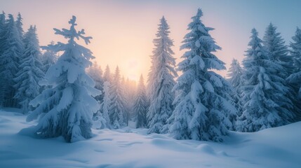 The suns rays filter through snow-covered trees in a winter landscape, A winter wonderland scene with snow-covered pine trees under the azure twilight, AI Generated