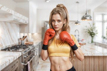 Tough houswewife with red boxing gloves ready to take action over her house - 740991940