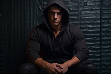 Fototapeta premium Hooded bare chested handsome male posing for studio shot