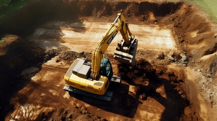 Aerial View of Excavator Digging Trenches on Construction Site

