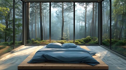 Stylish modern bedroom design with a sleek platform bed and a corner window framing a picturesque forest landscape, Scandinavian style