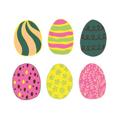 multicolored Easter eggs with botanical elements set doodle style. Happy easter hand drawn isolated on white background. Spring holiday. Happy Easter. Vector Illustration.