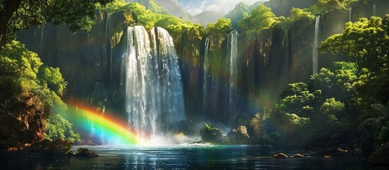 Fototapeta na wymiar A stunning natural landscape featuring a waterfall cascading into a watercourse, with a vibrant rainbow arching in the middle, showcasing the beauty of water resources in the ecoregion